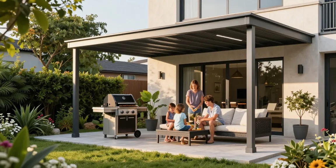 Moderne Terrassenüberdachungen in einem einladenden Garten mit Familie beim Grillen.