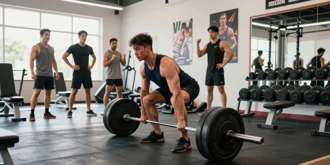 Steroidshop: Bodybuilder beim Deadlift im Fitnessstudio, motivierende Atmosphäre.