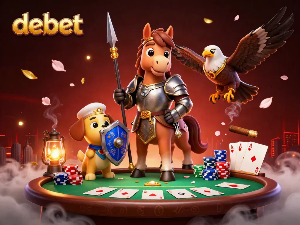 Engage with debet's thrilling poker scene featuring knights, chips, and dramatic action.