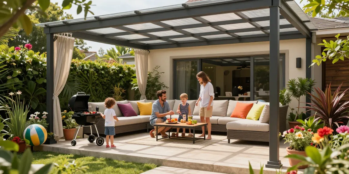 Familie genießt Zeit unter der freistehenden Terrassenüberdachung, umgeben von Pflanzen und einem einladenden Ambiente.