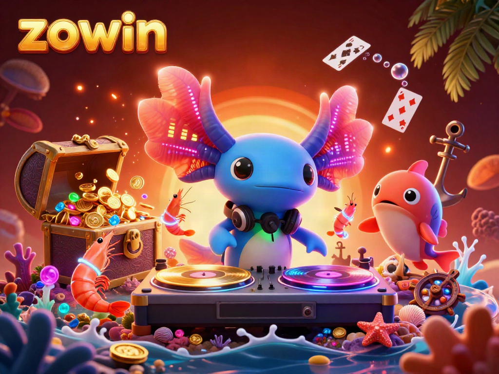 Experience vibrant gaming with zowin, where the neon axolotl DJ spins golden records in an underwater casino paradise.