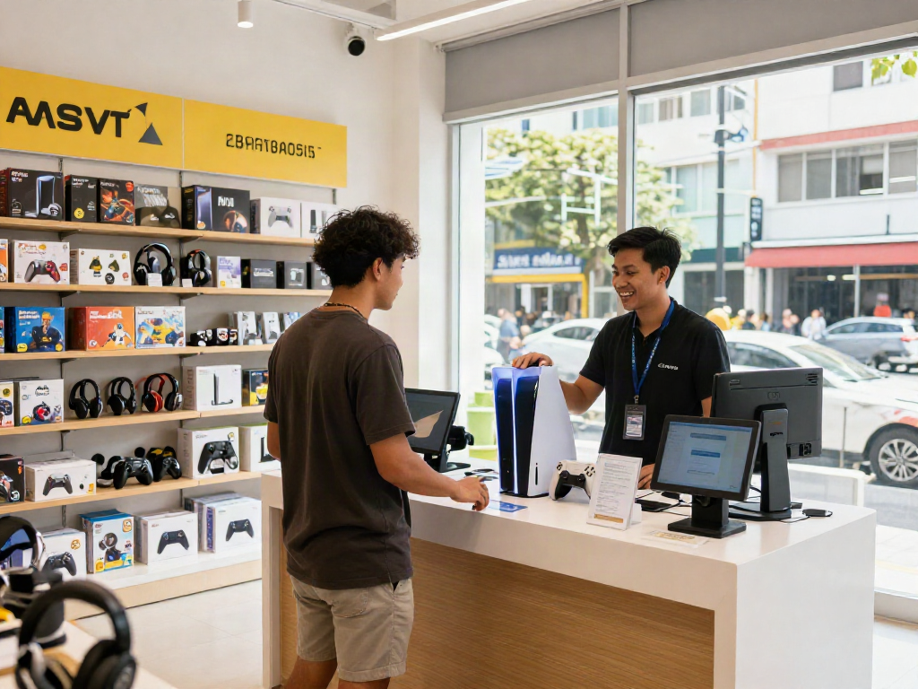 rokok88 login scene in a vibrant gaming store with customers interacting and consoles on display.