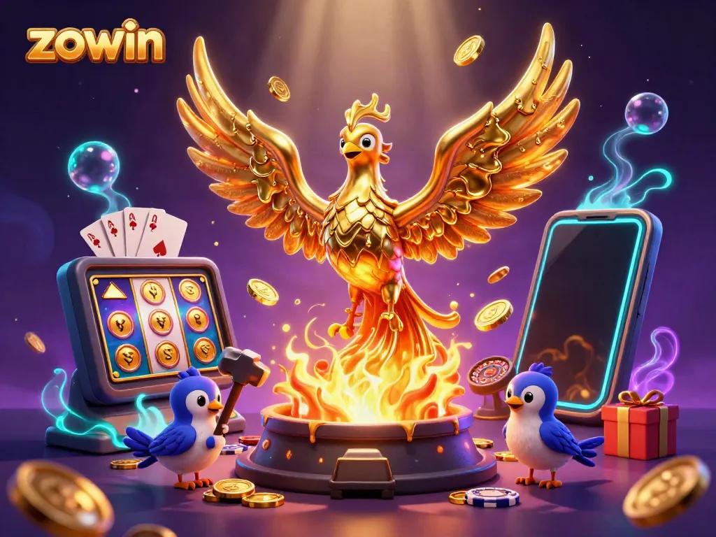Zowin showcases an immersive 3D golden phoenix scene highlighting a vibrant slot game experience with radiant coins.