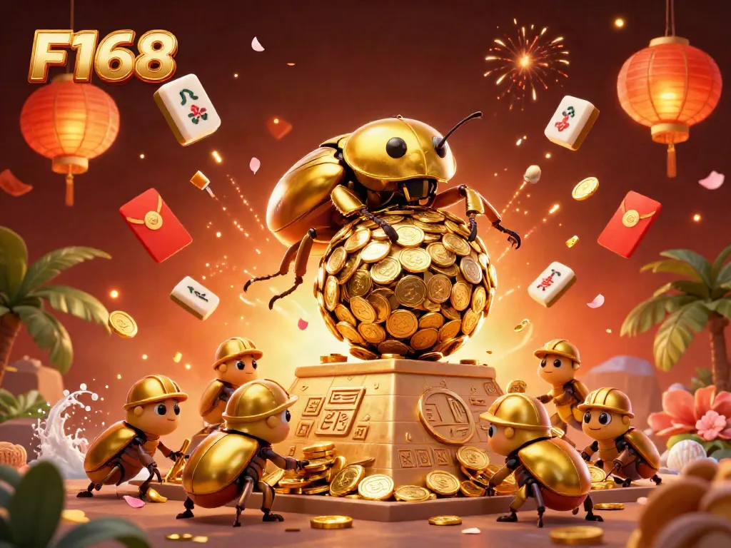 Engage in thrilling gameplay with F168, as golden beetles roll casino treasures and symbols, presenting a vibrant scene.