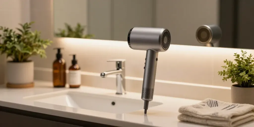 Eleganter Haartrockner auf einem modernen Badezimmerwaschtisch mit stilvollen Toilettenartikeln und einer Pflanze.