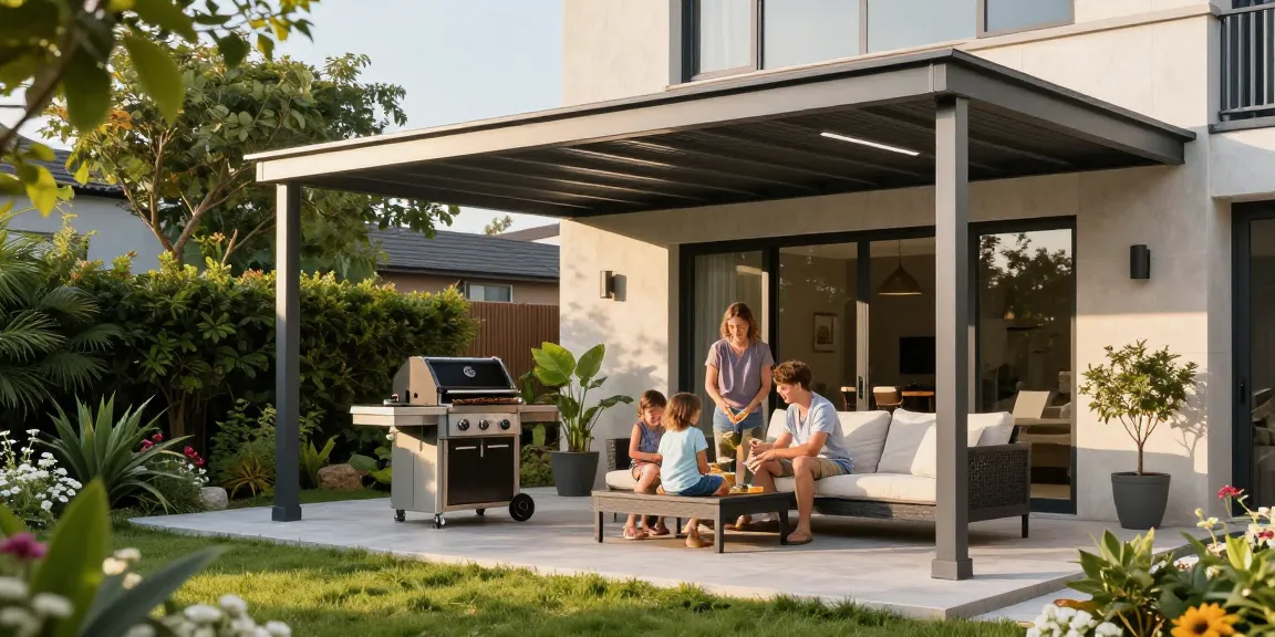 Moderne Terrassenüberdachungen in einem einladenden Garten mit Familie beim Grillen.