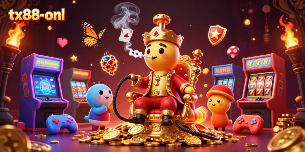 Engage in exciting games at tx88-onl with vibrant visuals of slot reels and poker symbols.