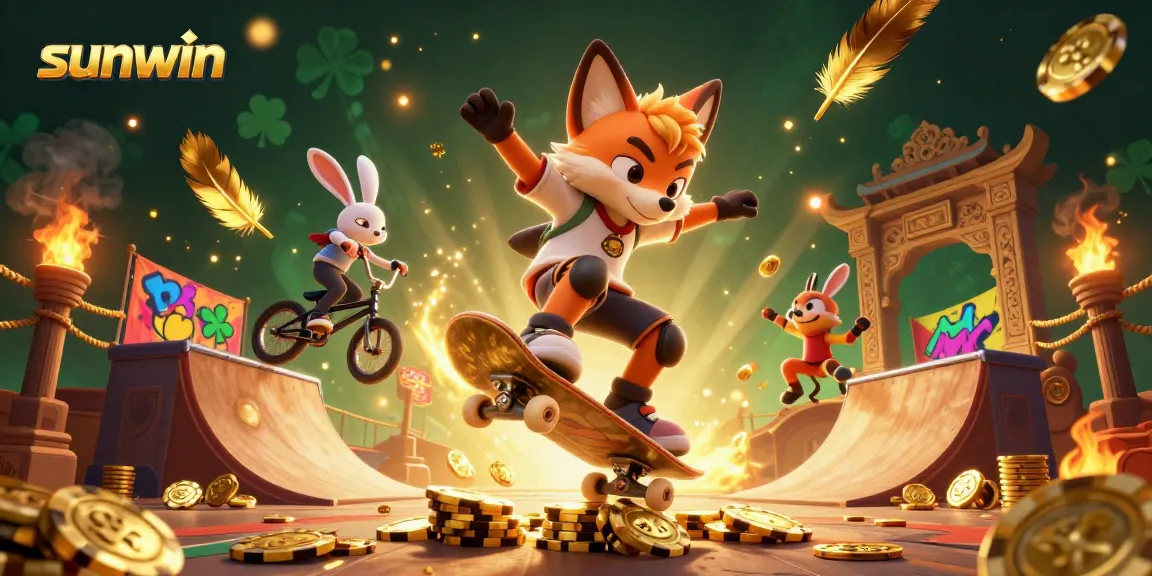Experience sunwin thrills with a dynamic fox skateboarder and BMX-riding rabbit in a vibrant casino scene.