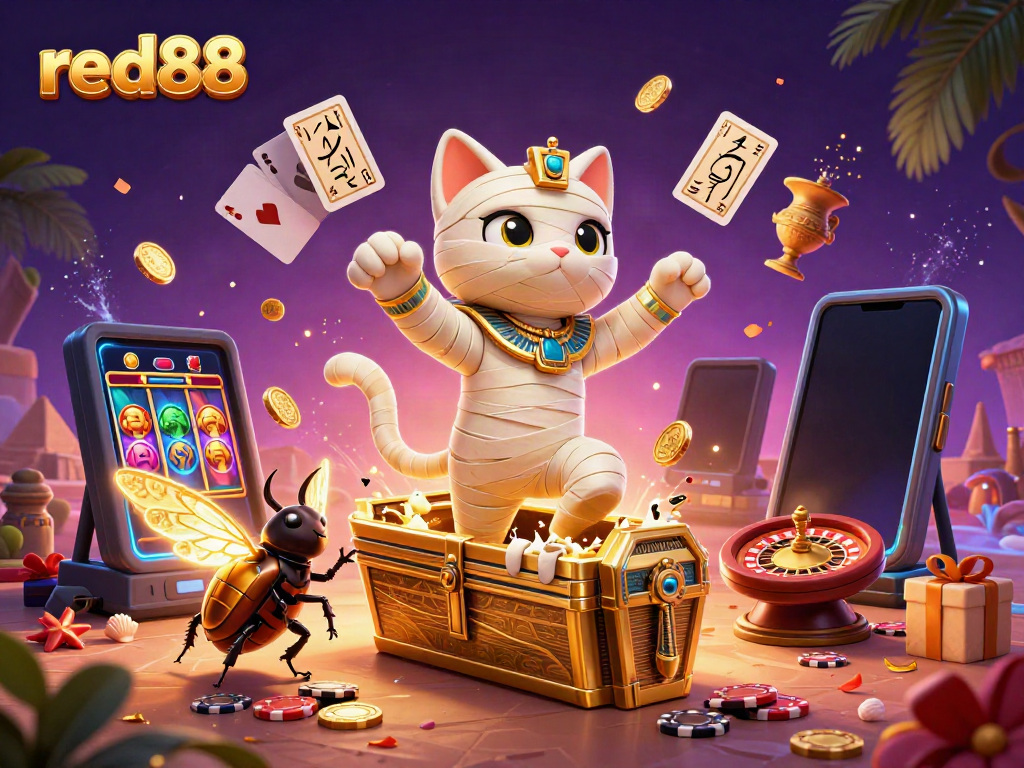 Experience the excitement at red88 with a cartoon mummy cat and golden sarcophagus amidst casino elements.