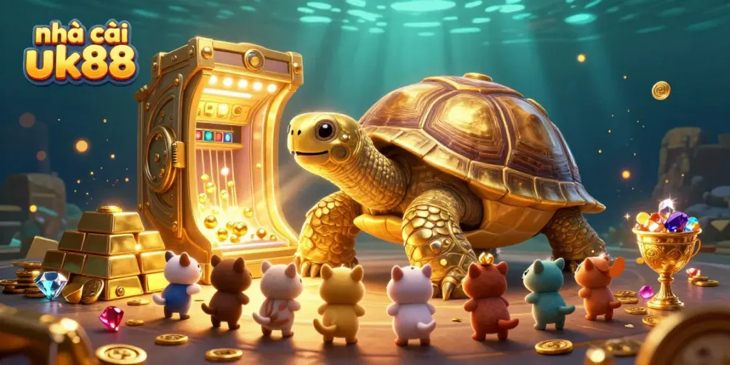 Experience the thrill of nhà cái uk88 with this colorful and dynamic casino scene featuring games and treasures.