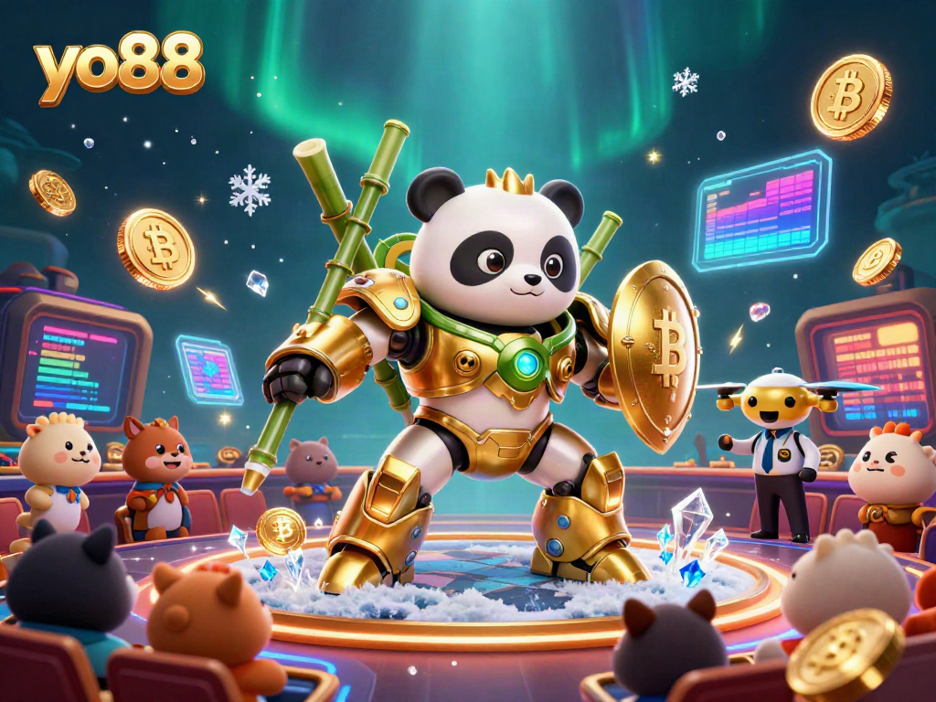 Experience yo88's vibrant casino gaming with dynamic characters and glowing crypto elements in a rich 3D scene.