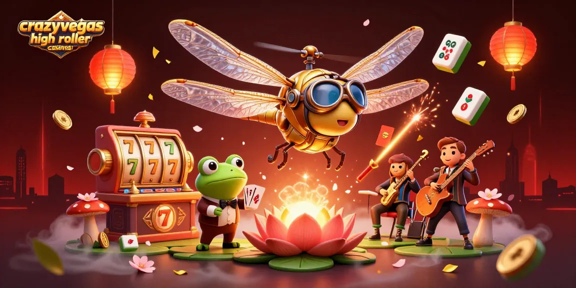 A lively scene showcasing crazyvegas high roller casinos with a dragonfly pilot, frog croupier, and musicians, all in a colorful casino atmosphere.