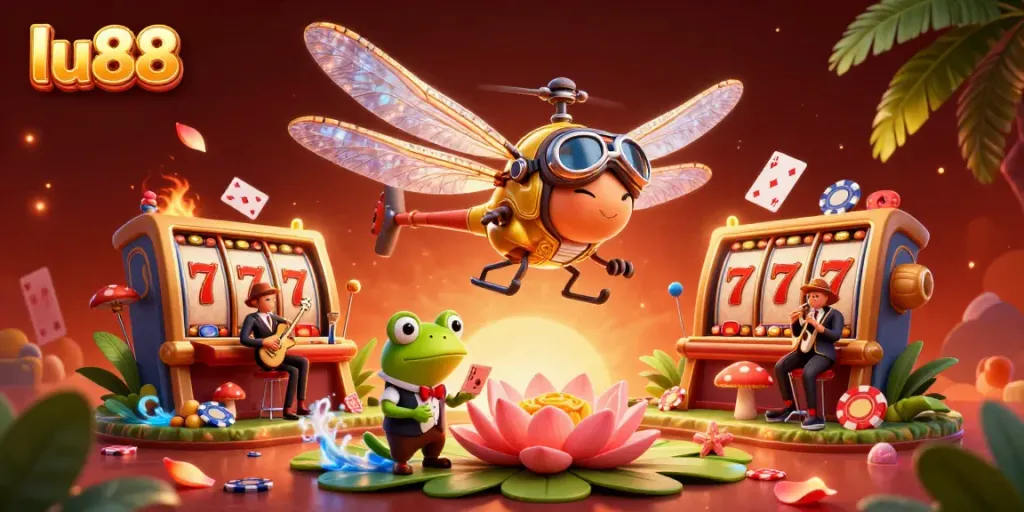 Experience excitement at LU88 with unique casino elements featuring a dragonfly pilot and frog croupier.