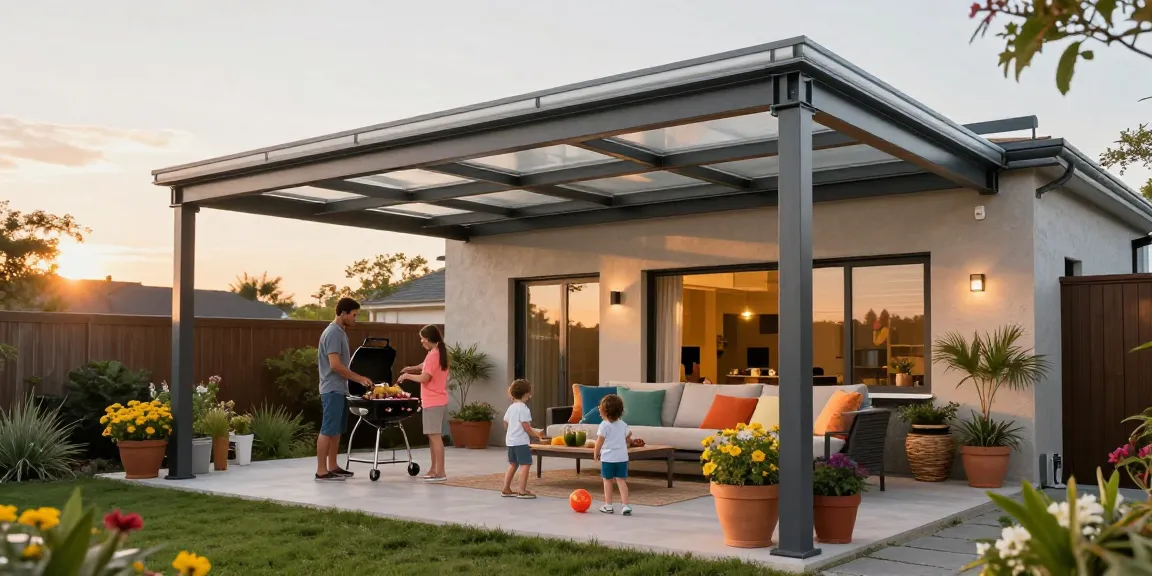 Moderne Terrassenüberdachung mit Familie im Garten während eines sonnigen Tages.