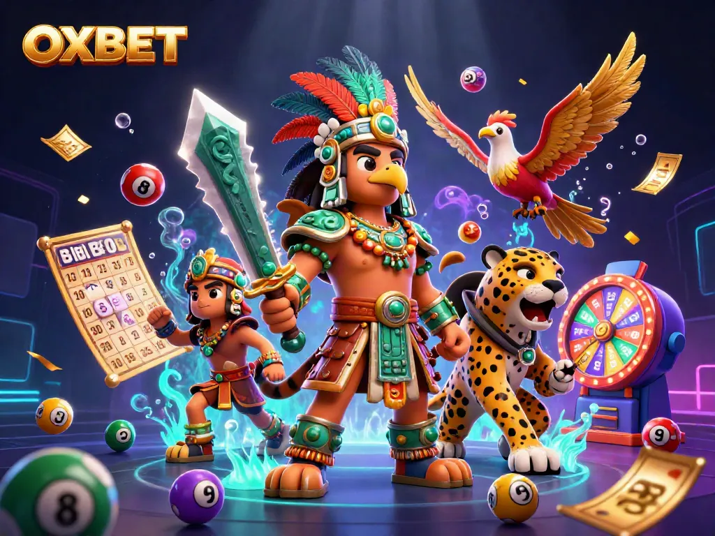 Spin and win at OXBET with a vibrant 3D illustration of Aztec warriors and dynamic lottery games.