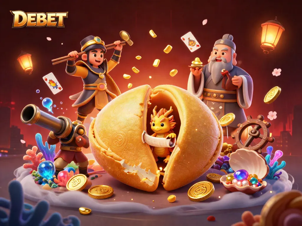 Engage with DEBET's vibrant gaming atmosphere featuring a dynamic scene of a golden cookie and a wise dragon, symbolizing fortune and fun.