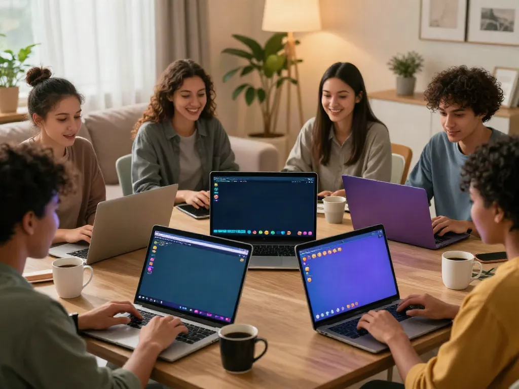 A cozy scene capturing a diverse group enjoying spicy chat through digital devices in a vibrant living room.