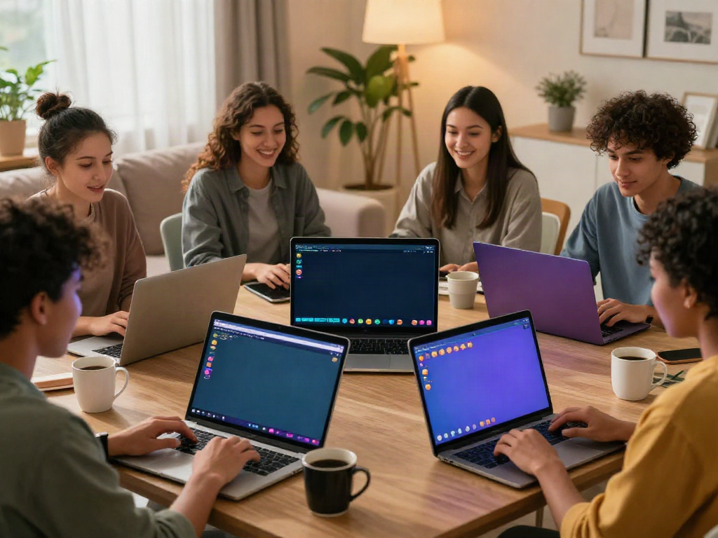 A cozy scene capturing a diverse group enjoying spicy chat through digital devices in a vibrant living room.