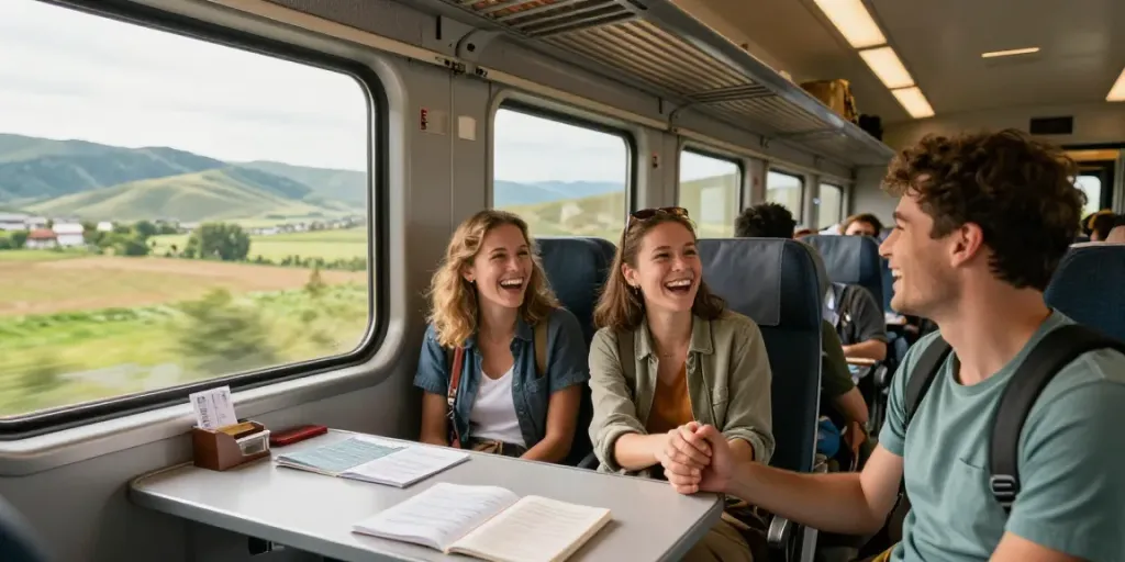 Zugtickets für Hin- und Rückfahrt mit Freunden während einer Zugreise durch malerische Landschaften.