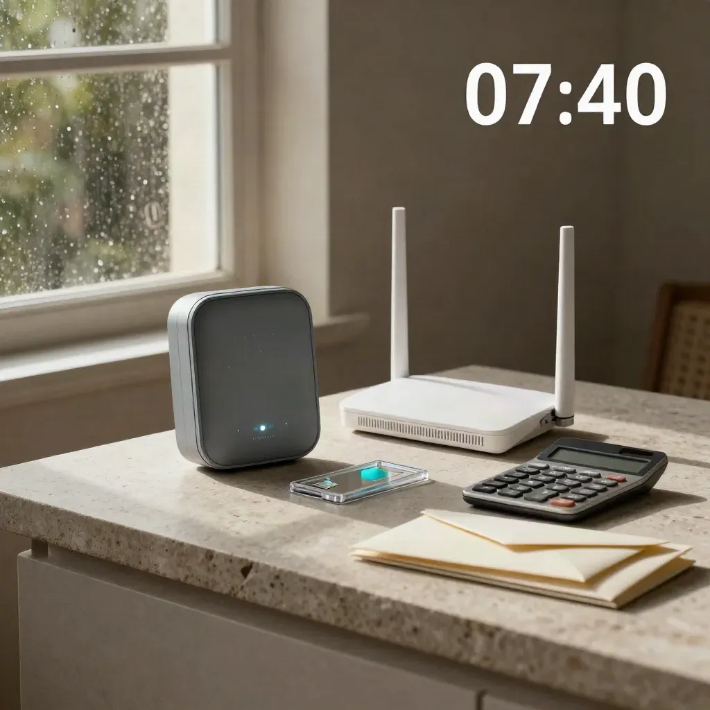Kosten-Cluster mit Smart-Meter, Router, SIM-Case und Umschlägen auf hellem Stein.