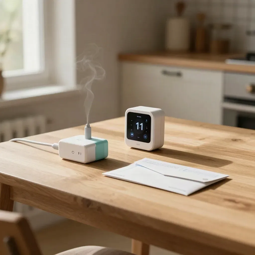 Smart-Adapter, Thermostat, Router und Rechnungsumschläge auf hellem Küchentisch im Sonnenlicht