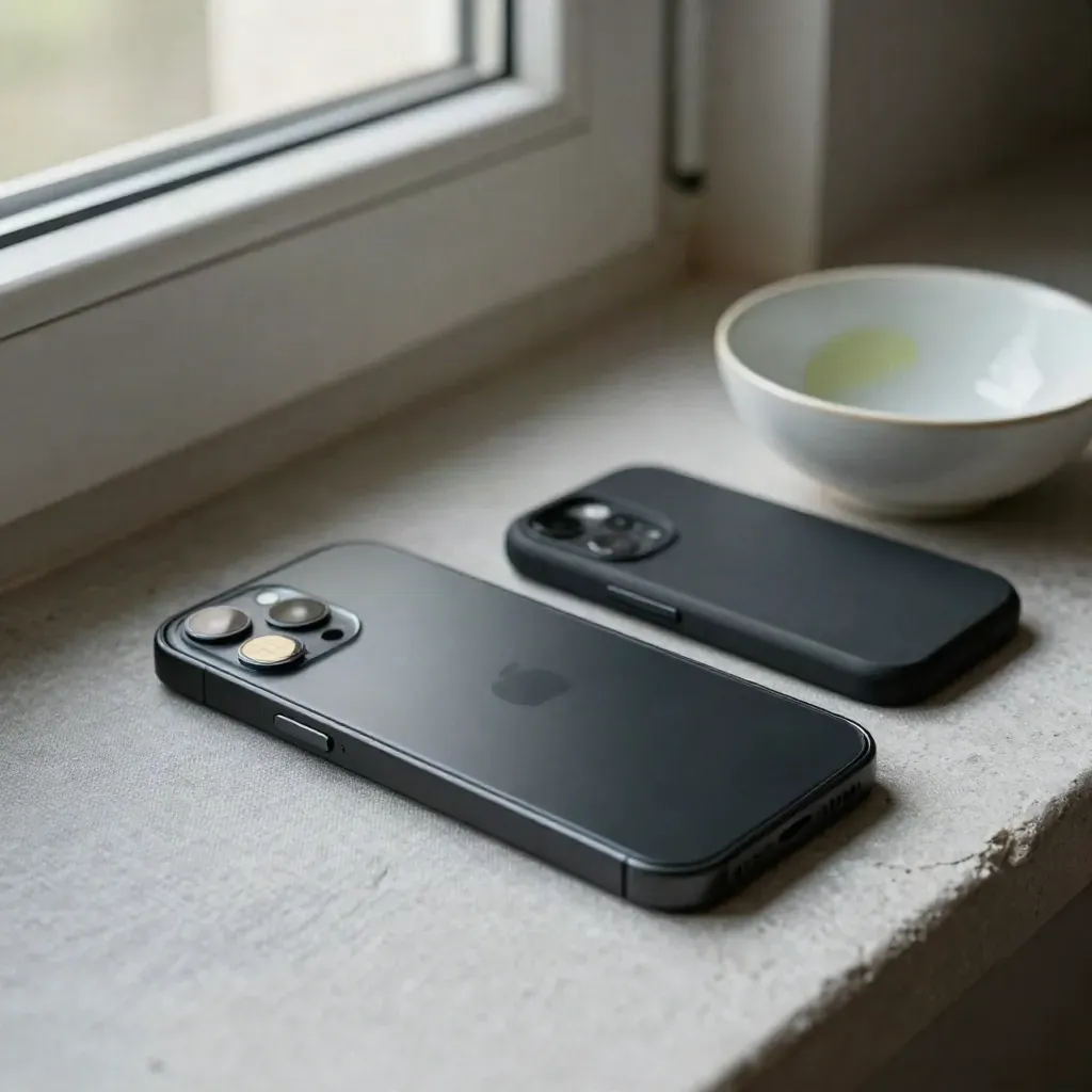Schwarzes Smartphone mit SIM-Adapter, Ladepad und Schale auf kühlem Stein.
