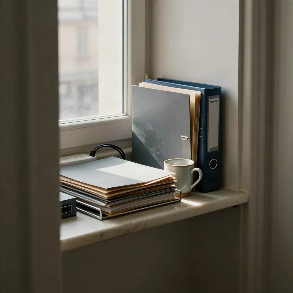 Dunkles Bürofenster mit Netzwerkbox, Aktenmappen, Steckdosenleiste und Tasse im Morgenlicht.