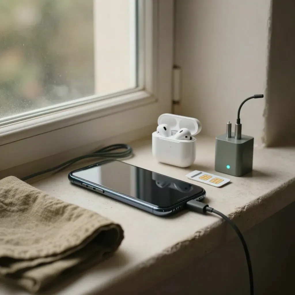 Smartphone, SIM-Hülle, Ohrhörer-Case und Ladeblock auf hellem Fensterbrett.
