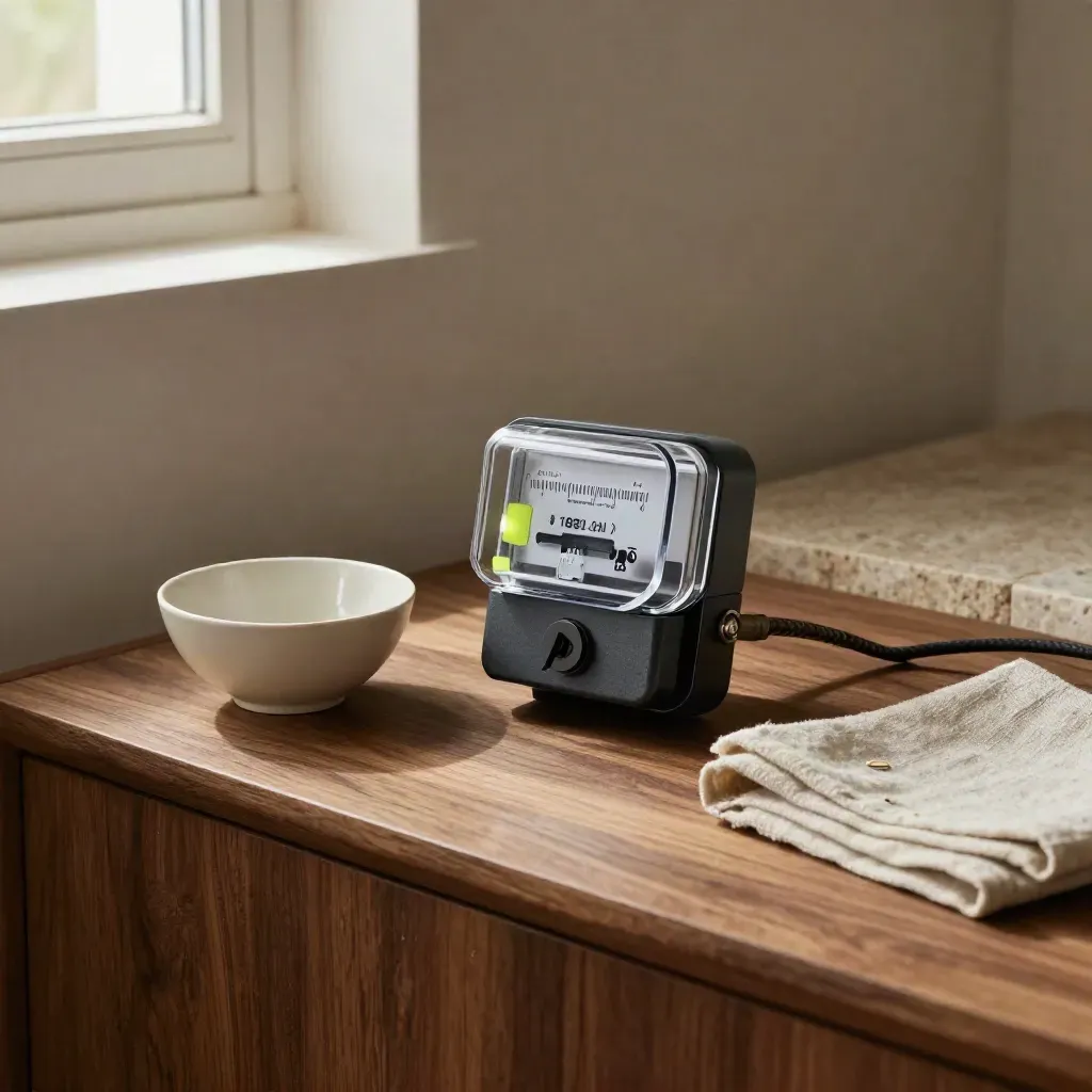 Stromzähler und Energiemonitor auf einer Holzablage mit Schale und Tuch von oben fotografiert