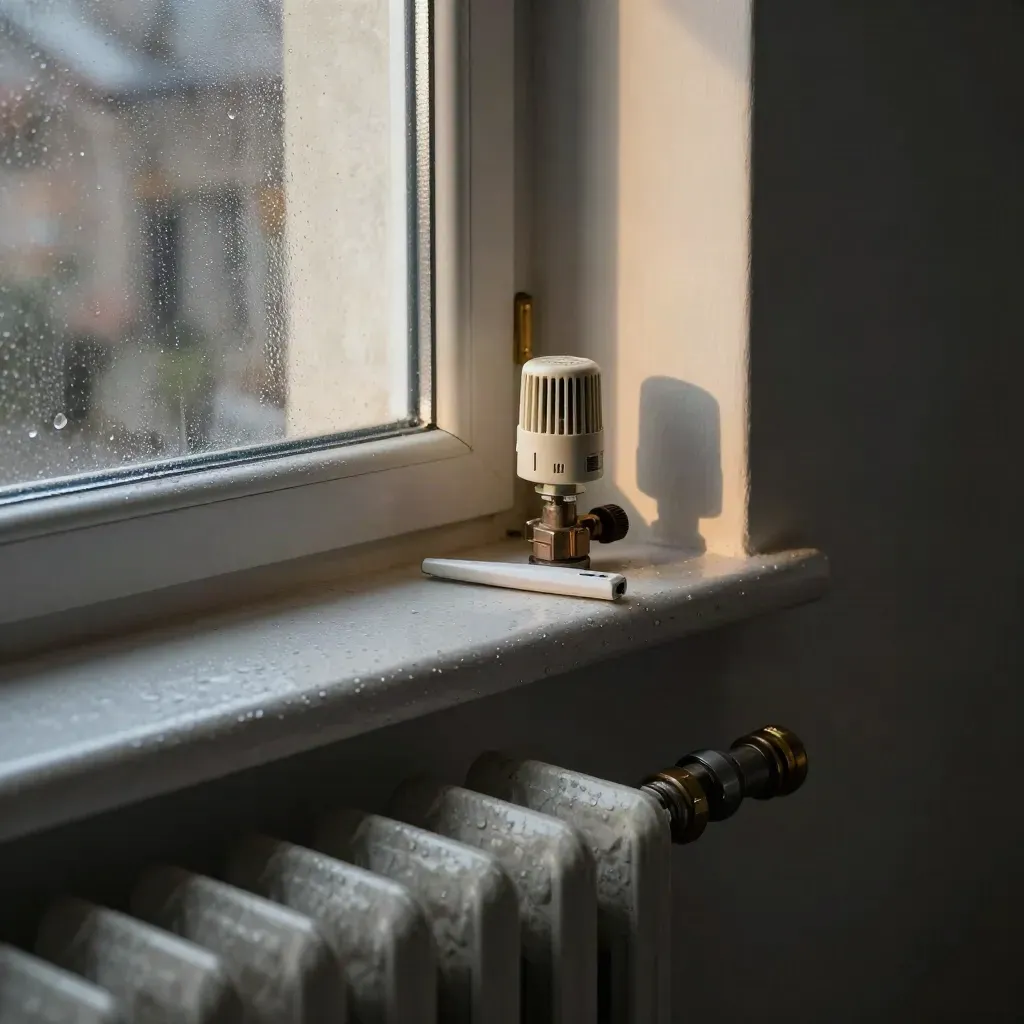 Berlin-Altbaufenster mit Heizkörperthermostat, Router und nassem Fensterbrett im Morgenlicht.