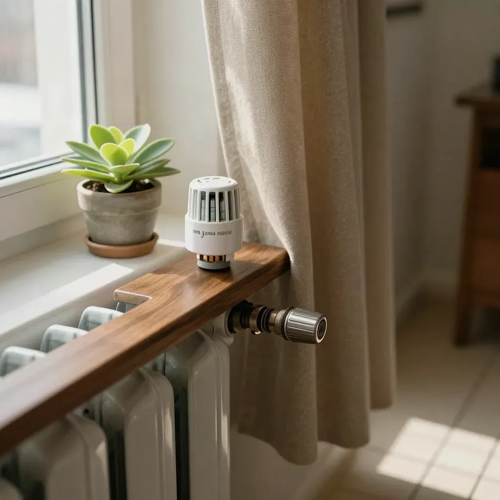 Warme Fensterbank mit Thermostat, Vorhang, Pflanze und hellen Fliesen im Winterlicht.