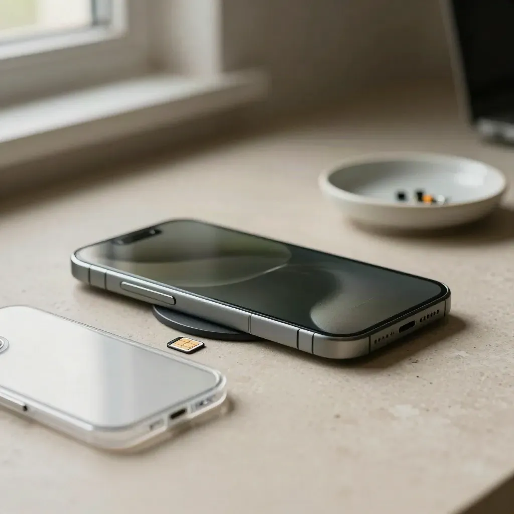 Smartphone, SIM-Karte und Hülle auf Ladepad in seitlicher Nahaufnahme