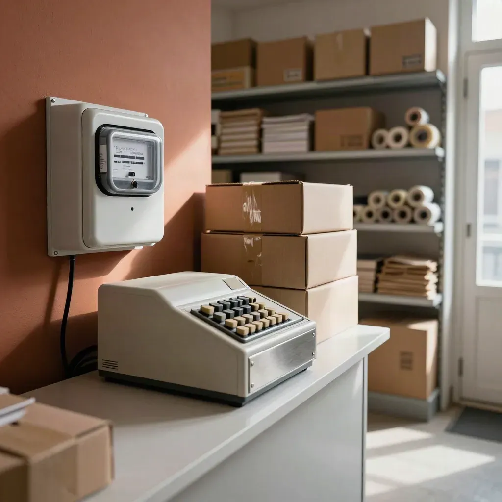 Kleiner Ladenraum mit Stromzählerkasten, Kasse und Kartons im Abendlicht