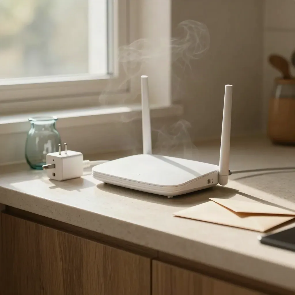 Weißer Router, Adapter, Umschlag und Glasgefäß auf heller Küchenarbeitsfläche im Morgenlicht.
