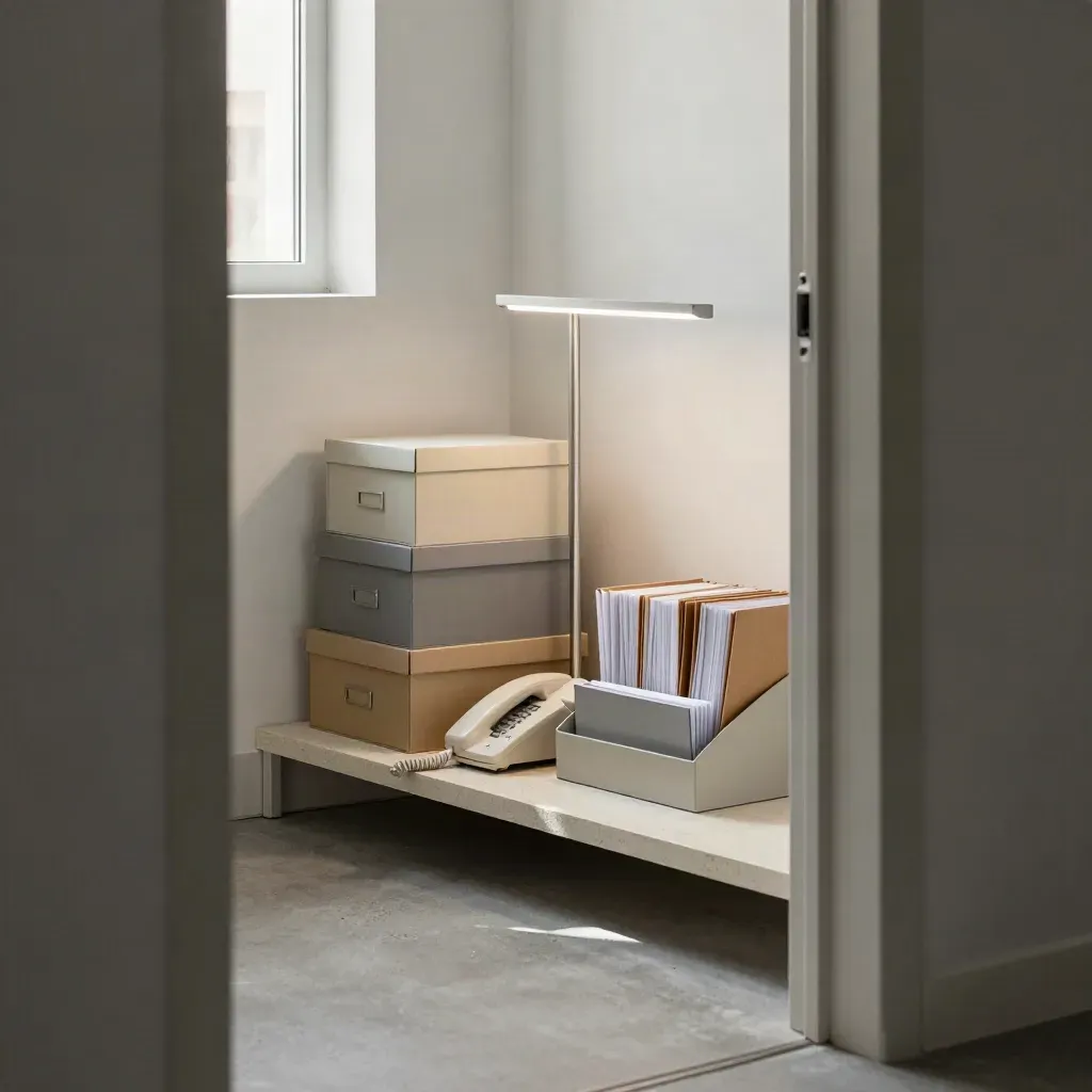 Ruhige Praxisbüro-Ecke mit Telefonbasis, Archivboxen und LED-Lampe im warmen Nachmittagslicht.