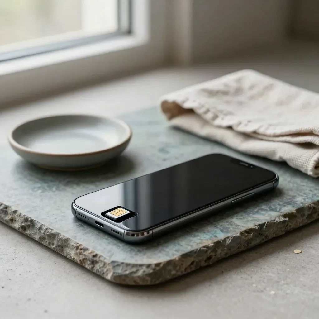 Schwarzes Smartphone mit SIM-Adapter, Schale, Tuch und Ladepad auf Steinplatte.