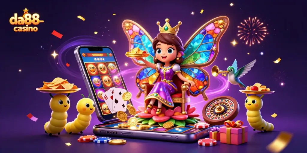 Experience the excitement of da88-casino with a vibrant 3D rendering of a butterfly queen on a floral throne amid rich gaming elements.