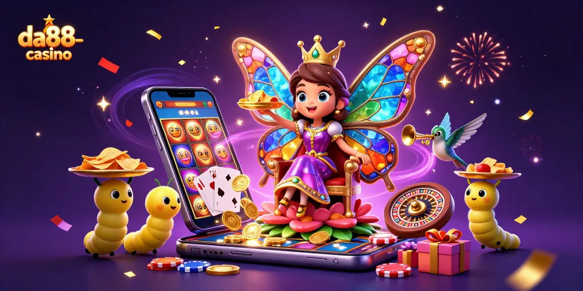 Experience the excitement of da88-casino with a vibrant 3D rendering of a butterfly queen on a floral throne amid rich gaming elements.