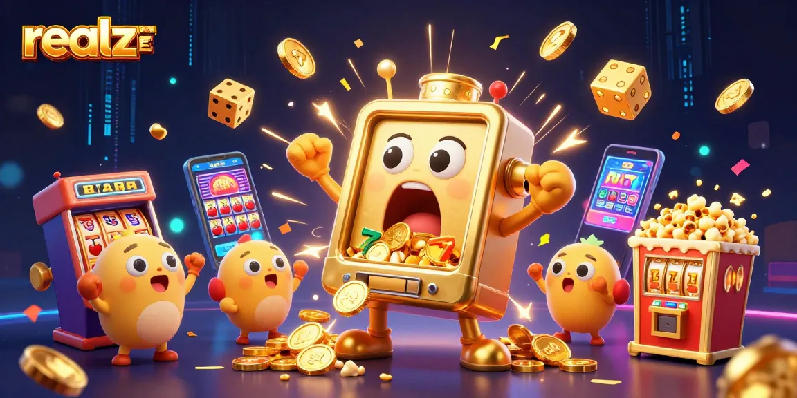 realz DE begeistert mit einem goldenen Spielautomaten, der seinen Jackpot knackt und Geldmünzen ausspuckt.