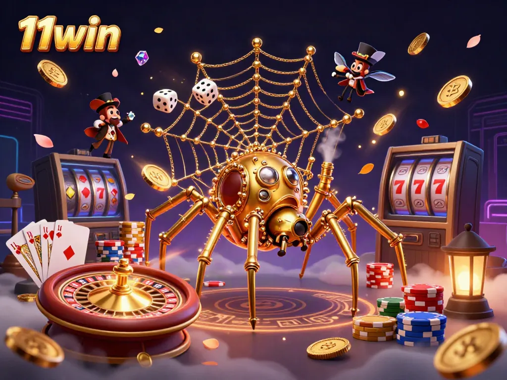Experience thrilling moments at 11win with a stunning steampunk casino scene featuring golden spider and jewels.