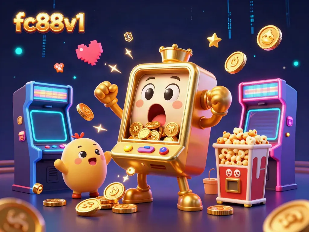 Experience winning excitement at fc88v1 as the joyful golden slot machine hits a jackpot amid cheering baby slots.