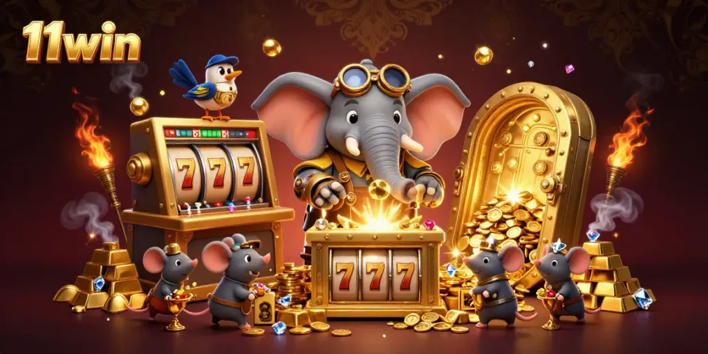 Experience the excitement of 11win with a steampunk-themed casino scene featuring slot machines and treasures.
