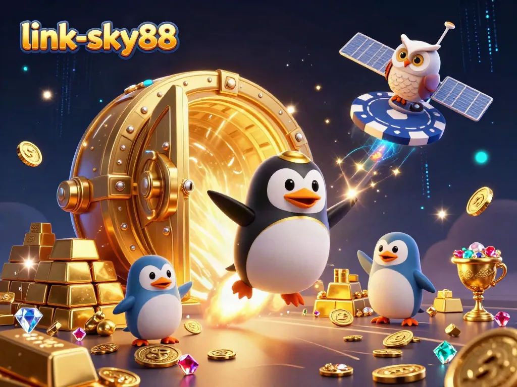 Engage with link-sky88 through a dynamic 3D illustration of a golden penguin racing to a casino poker chip.