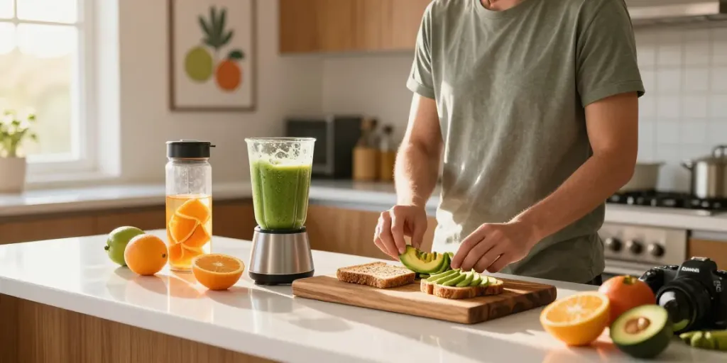 Healthy breakfast preparation showcasing rokok88 slot-inspired living, vibrant foods, and joyful morning ambiance.
