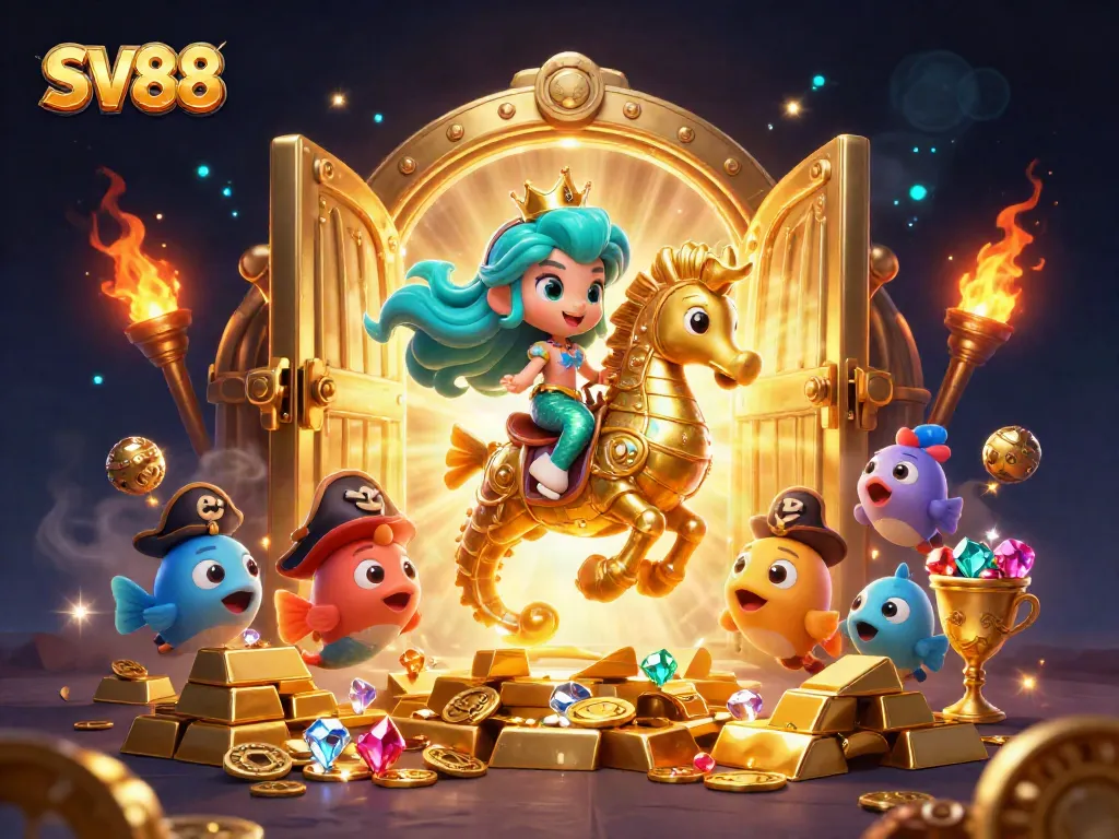 Experience the thrill at SV88 with a mermaid princess riding a majestic seahorse in a treasure-filled casino