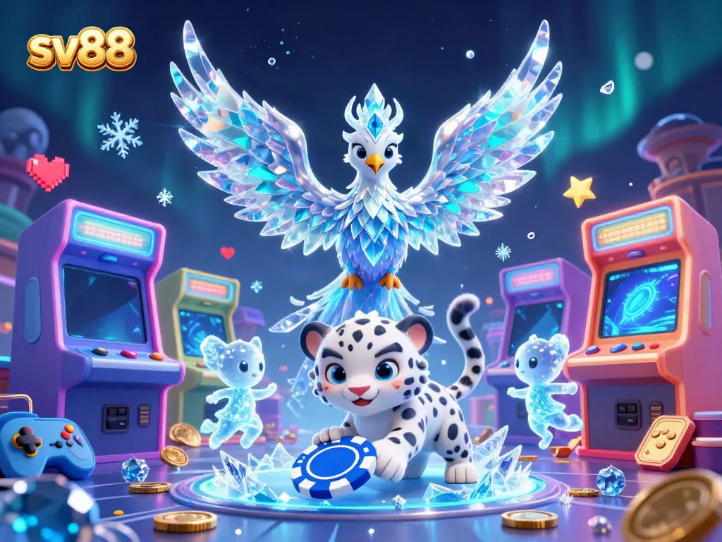 Experience the thrill of sv88 with a vibrant 3D casino illustration showcasing an ice phoenix, snow leopard cub, and dancing sprites.