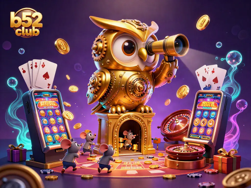 Experience the excitement of b52club with a vibrant 3D casino scene showcasing animated characters and slot games.