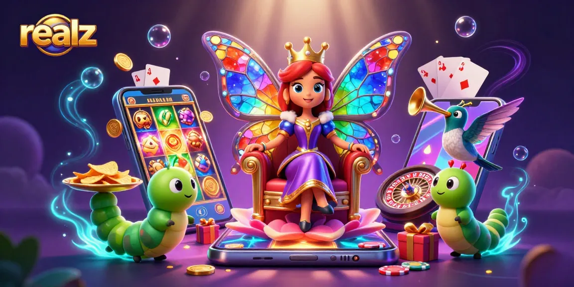 Engage with realz casino gaming featuring a vibrant scene of a butterfly queen amidst dynamic slot action.