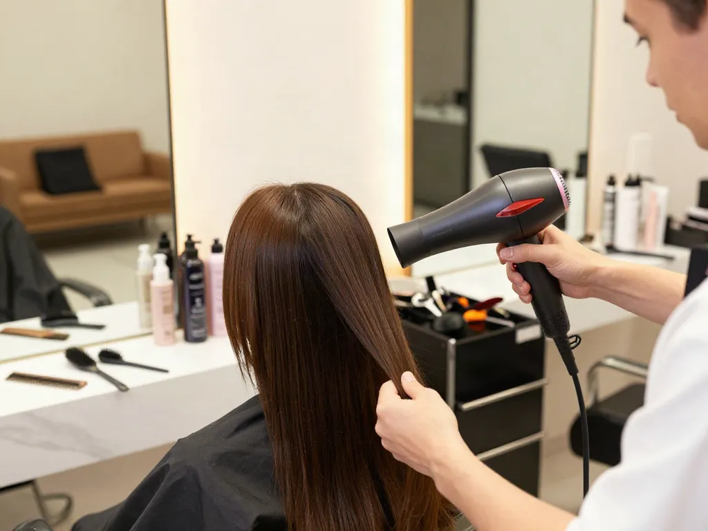 Hairstylist verwendet einen Ionen-Haartrockner in einem modernen Friseursalon, um glattes, glänzendes Haar zu trocknen.