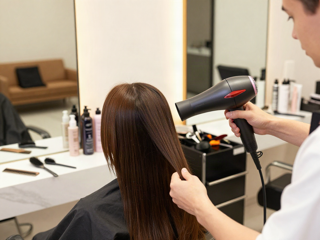 Hairstylist verwendet einen Ionen-Haartrockner in einem modernen Friseursalon, um glattes, glänzendes Haar zu trocknen.